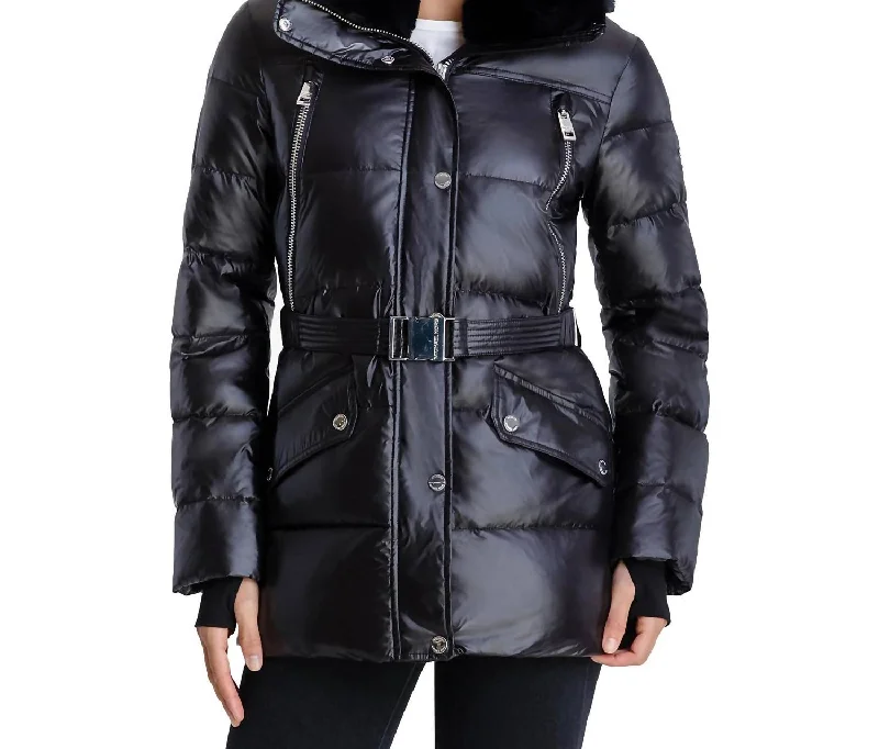 Belted Faux Fur Collar Quilted Coat Jacket In Black