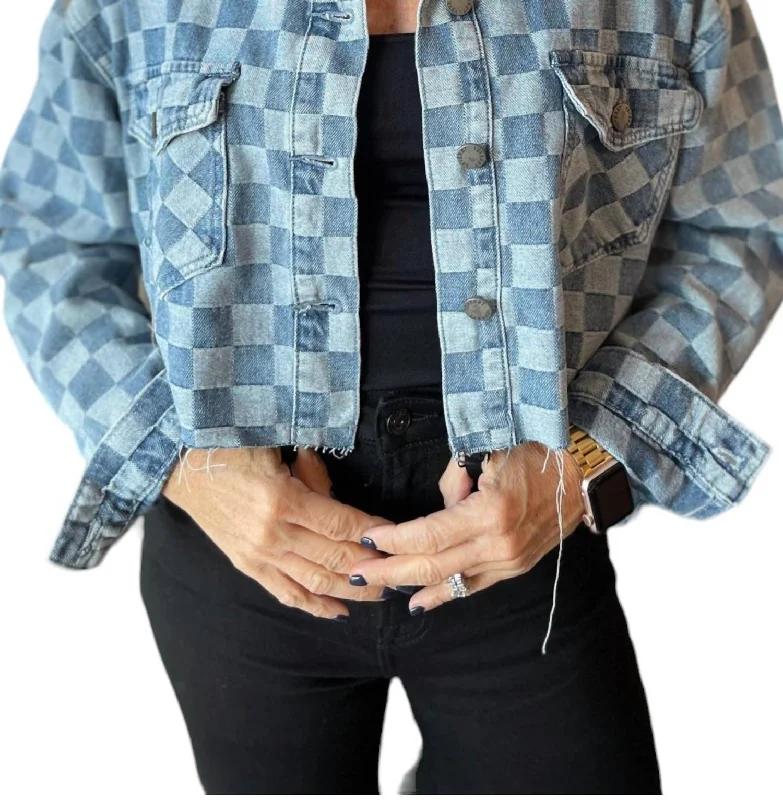 Checkered Print Denim Crop Jacket In Light Denim