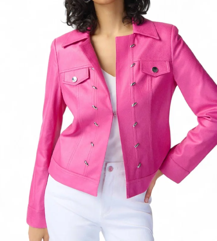 Foiled Suede Jacket With Metal Trims In Bright Pink