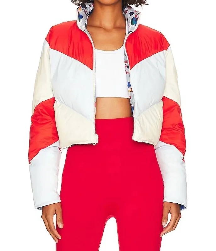 Karter Reversible Puffer Jacket In Ice Blue, Eggshell, & Apple Red