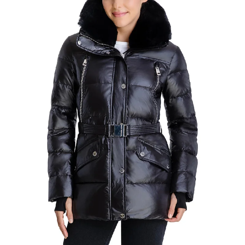 Michael Michael Kors Women's Black Belted Faux Fur Collar Down Coat Jacket XXS