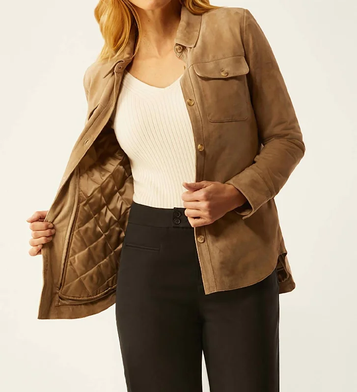 Suede Shirt Jacket With Zip Out Liner In Camel