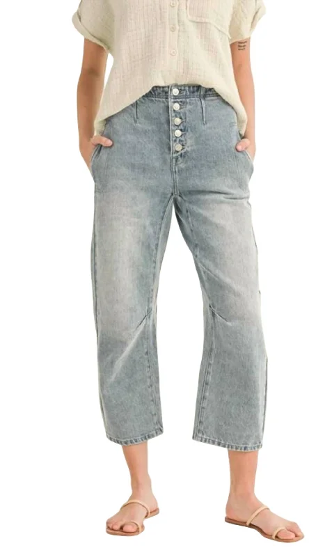 Denim Button Front Barrel Jean In Blue