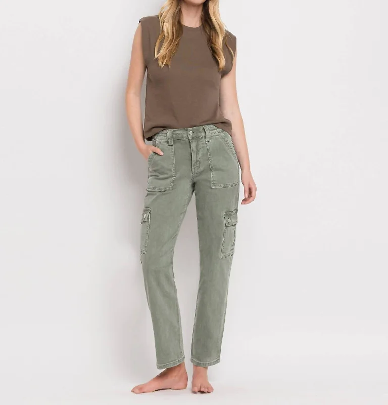 High Rise Cargo Straight Jeans In Army Green