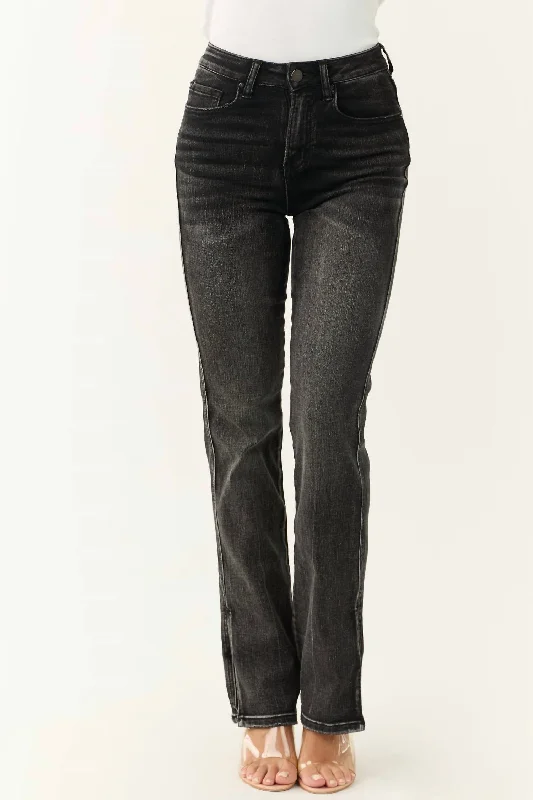 High Rise Straight Jeans With Side Slit In Black