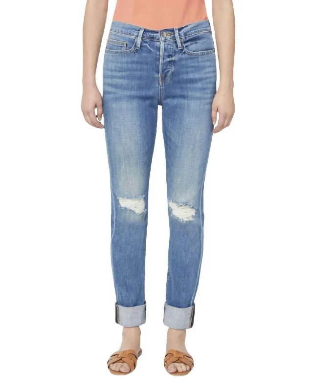 Le Beau Ankle Straight Leg Boyfriend Jeans In Cleo Rips