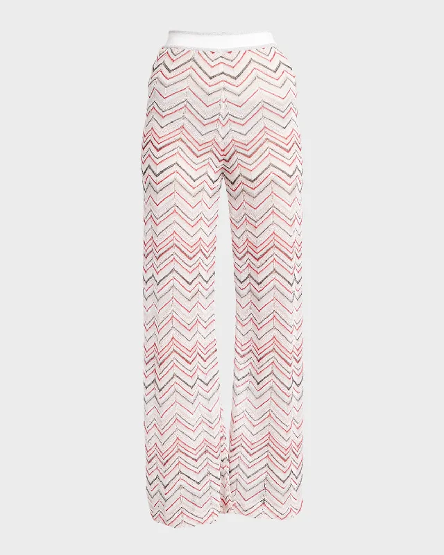 Mid-Rise Chevron Pointelle Knit Straight-Leg Pull-On Trousers