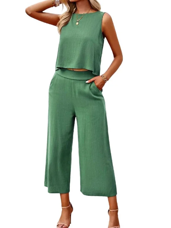 Sleeveless Cropped Top And Wide Pants Set In Green