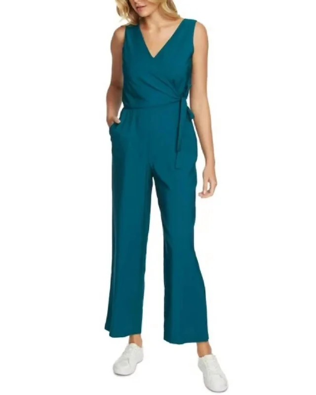 Sleeveless Vneck Wrap Cropped Jumpsuit In Blue Green