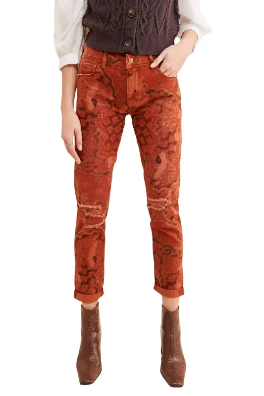 Slim Boyfriend Crop Pants In Orange Motif